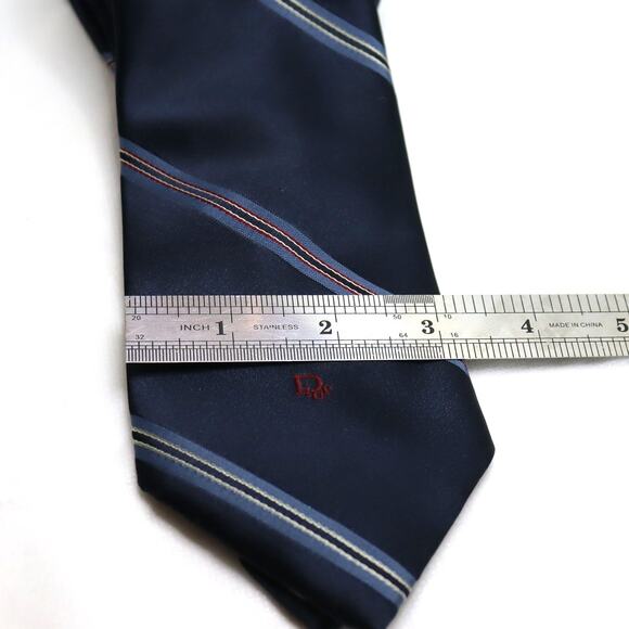 Vintage Christian Dior Monsieur Navy Stripe Silk Tie 3” Wide - Picture 2 of 3